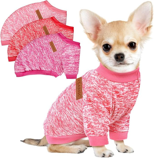 3 Pack Dog Sweaters for Small Dogs Girl Boy Winter Fleece Clothes Warm Soft Dog Sweatshirt Outfit for Dogs Cats Pet Apparel (Rose+Red+Pink, Medium)