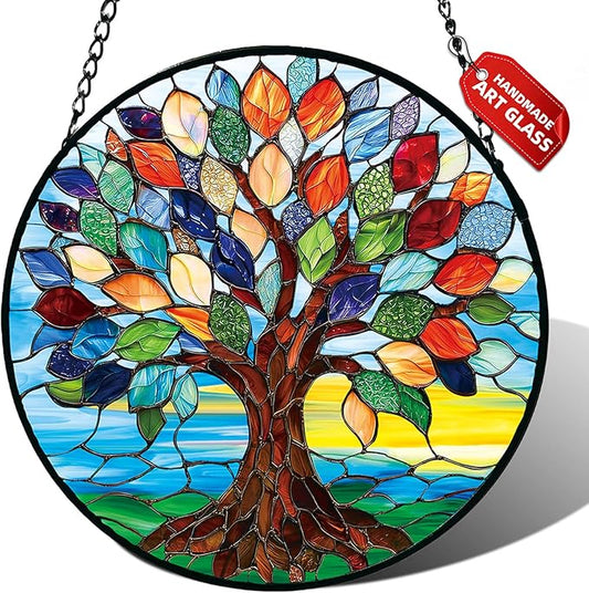 Stained Glass Window Hanging, Colorful Tree of Life Suncatcher for Door Home Decor, Glass Panel Sunrise Sun Catcher Ornament Mother's Day Birthday Gifts for Women Men Mom 6.3 in