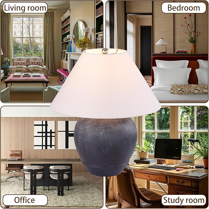Pia Ricco 21'' Medium Size Black Glossy Ceramic Base Ceramic Basin Table Lamp for Bedroom, Living Room, Dining Room, Office, White Shade,White Smudged Black Base