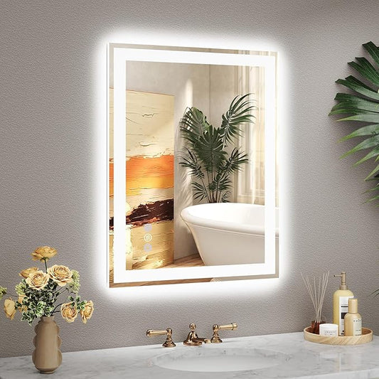 20"x 28" LED Bathroom Mirror, 3 Colors Vanity Mirror with Lights, Front and Backlit Bathroom Mirror with Lights, LED Smart Mirror for Bathroom, Tempered Glass, Anti-Fog, Stepless Dimmable, Memory(ETL)