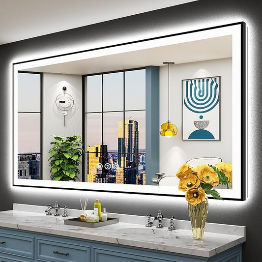 72x40 Inch Black Framed LED Bathroom Mirror with Lights, Backlit & Front Lit, Anti-Fog Lighted Vanity Mirrors for Bathroom Wall, Dimmable, 3-Color Light, Memory, Shatter-Proof, Tempered Glass