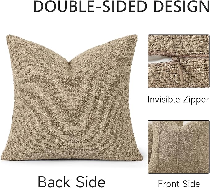 YCOLL Textured Boucle Throw Pillow Covers 20x20 Pack of 2 - Soft Neutral Striped Cushion Covers, Cozy Accent Decorative Pillow Covers for Couch, Sofa, Bed, Living Room (Taupe)