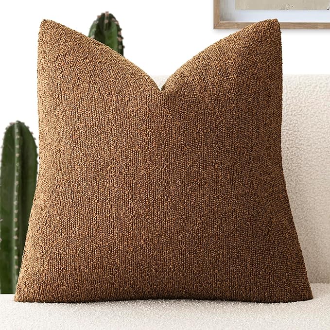 Foindtower Decorative Textured Boucle Throw Pillow Covers Accent Solid Pillow Cases Neutral Soft Cozy Couch Cushion Case for Chair Sofa Bedroom Living Room Home Decor 16x16 Inch,1PC,Hazel Brown