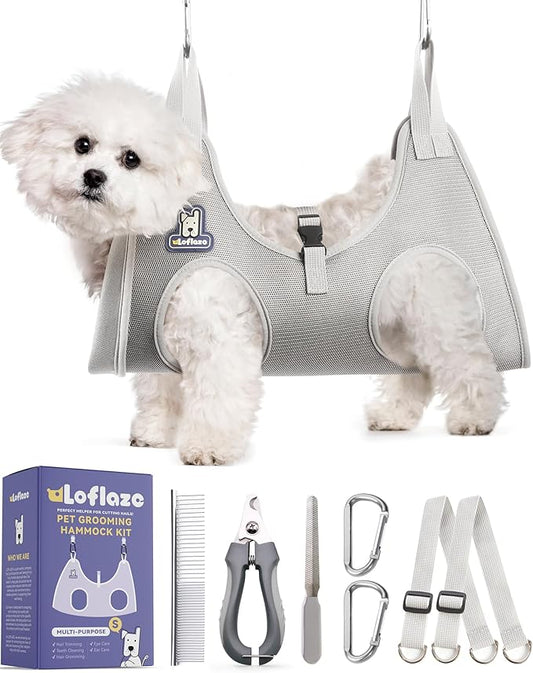 Loflaze Dog Grooming Hammock Harness for Dogs & Cats with Pet Nail Clipper Trimmer - Cat Hanger Sling for Trimming Clipping Nails- Dog Hammock Restraint Bag for Small Medium Large pet （ Grey S ）
