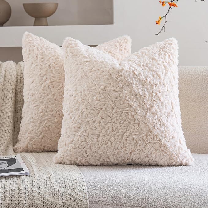 Neelvin Set of 2 Faux Fur Throw Pillow Covers 20x20 Inch Beige Cozy Soft Solid Decorative Pillowcases Thick Plush Sheepskin Cushion Case for Chair and Couch Sofa Bedroom
