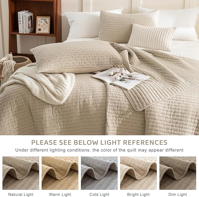 Sanracie Stonewashed Cotton Coverlet Queen Size(90"x98"), Ultra Soft Dark Wheat Color Crinkle Quilt Bedding Set 3Pcs Cross Stitch Pattern Lightweight Breathable Bedspread Set for All Season