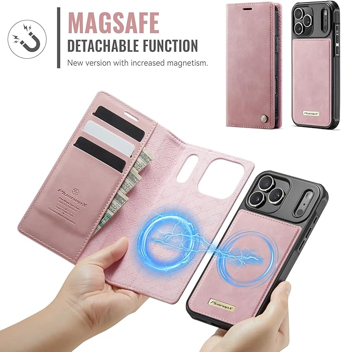 PlusnapX Wallet Case for iPhone 17 Pro Max Compatible with Magsafe, 2-in-1 PU Leather Flip RFID Blocking Card Holder Stand Shockproof Magnetic Detachable Cover for iPhone 17 Pro Max Case 6.9", Pink