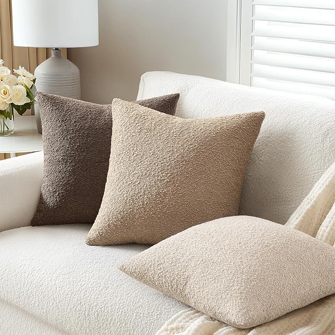 ANRODUO Pack of 2 Textured Boucle Throw Pillow Covers Soft Camel Euro Decorative Accent Solid Pillow Cases Cozy Modern Couch Cushion Case for Chair Sofa Bedroom Living Room Home Decor, 24 x 24 Inch