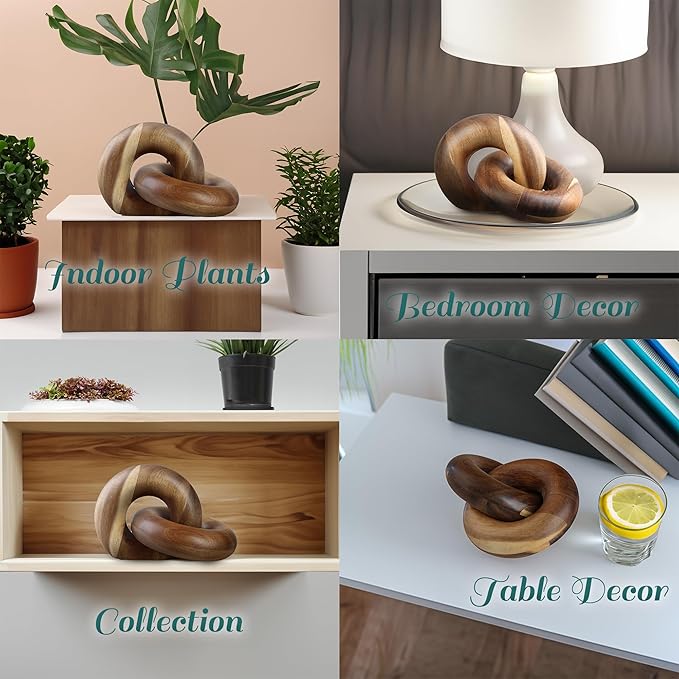 2 Link Wood Chain Link Decor Wood Knot Decor for Coffee Table, Living Room, Bookshelf - Hand Carved Farmhouse Decorative Fusion Knots - Boho Acacia Knot Sculpture for Scandirustic Home Accents