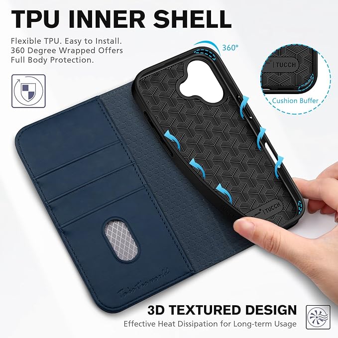 TUCCH Case Wallet for iPhone 17 (6.3-Inch) 2025, 3 Card Slots | Kickstand | RFID Blocking | PU Leather | Protective Flip Folio Cover | TPU Shockproof Interior Shell | Deep Blue