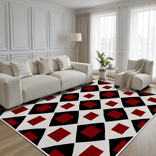 Plaid Rug 8x10, Vintage Geometric Soft Ultra Soft Faux Wool Low Pile Rug, Indoor Floor Mats Carpet, Non-Slip Stain Resistant Washable Rugs, Modern Red Rugs for Living Room Home Office Decor