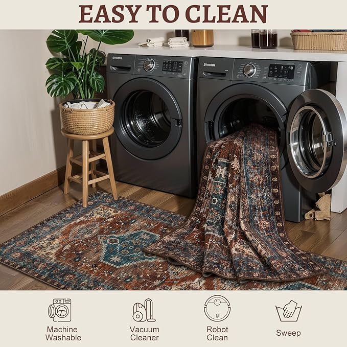 Tangsoo 2x5 Washable Runner Rug for Hallways, Non Slip Vintage Runner Rug, Soft Low Pile Long Rug Runner, Print Distressed Carpet Runners for Kitchen Bedroom Entryway Bathroom Living Room Rust
