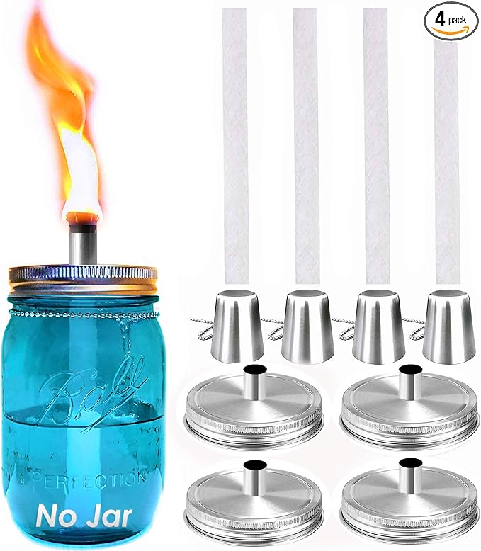 Yitee Mason Jar Tabletop Torch Kits,4 Pack Longlife Fiberglass Wicks,Stainless Steel Mason Jar Lids Caps Included,Outdoor Deck Oil Lamp Torch,Patio Xmas Decor