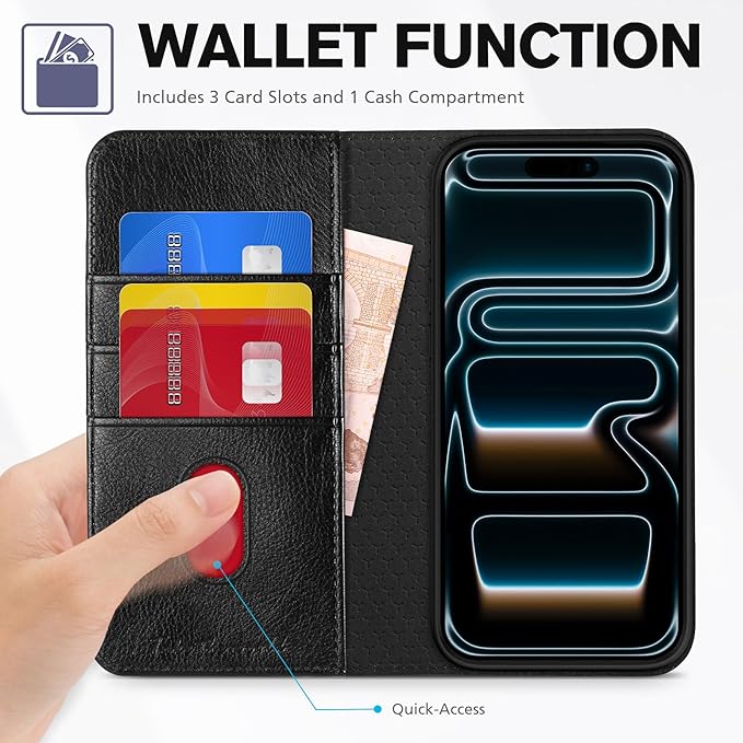 TUCCH Case Wallet for iPhone 17 Pro (6.3") 2025, RFID Blocking, 3 Card Holders, Kickstand, PU Leather, Protective Flip Folio Cover, TPU Shockproof Interior Shell, Textured Black