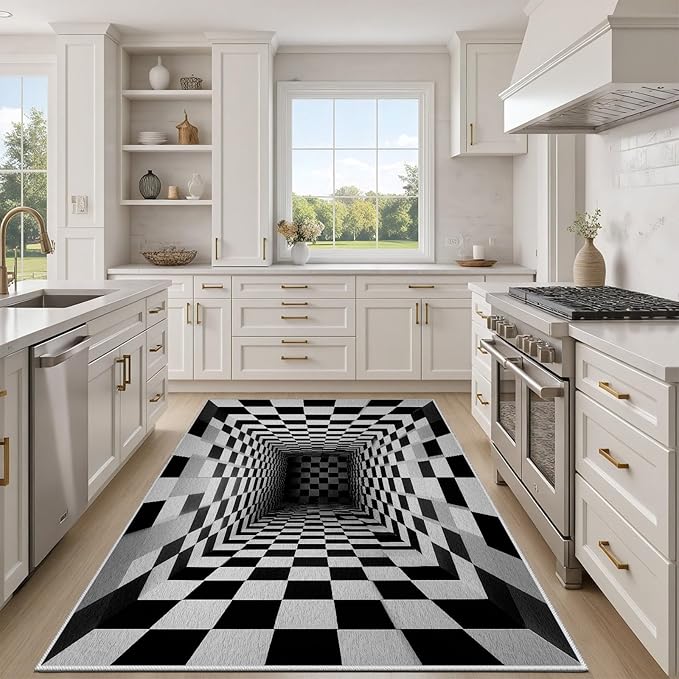 Optical Illusion Rug - Black and White Rug for Living Room, Soft Ultra Soft Faux Wool 6x9 Area Rugs Floor Mats, Non Slip&Non-Shedding Low Pile Checkered Washable Rugs, Abstract Geometric Carpet