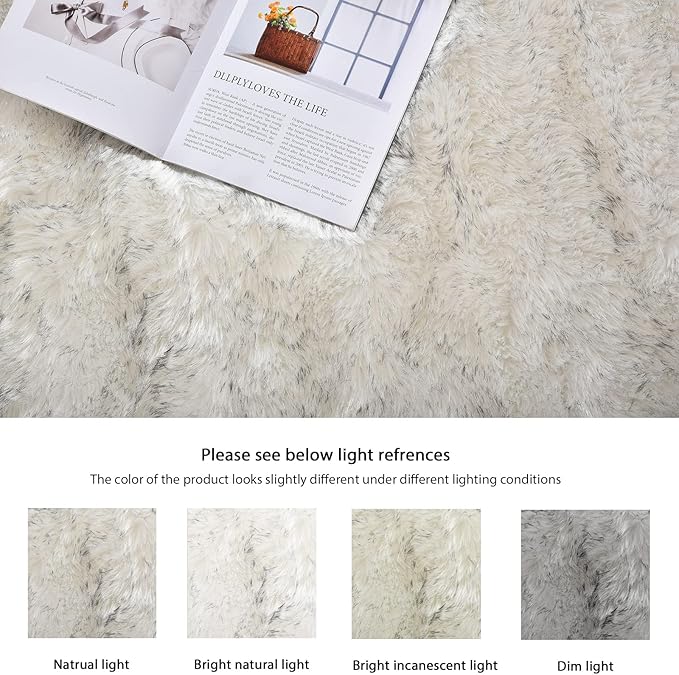 White and Grey 4X6 Faux Sheepskin Shag Fur Runner Rugs for Living Room Bedroom Fluffy Washable Furry Area Rug Nursery Teen Room Décor