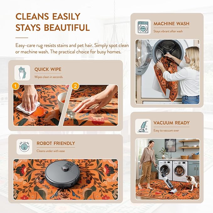 Moynesa Washable 8x10 Area Rugs for Living Room Bedroom Dining Room, Bohemian Scandinavian Modern Country Aesthetic Floral Bird Medallion Carpet, Fall Home Decor Open Floor Areas Protection Non-Slip