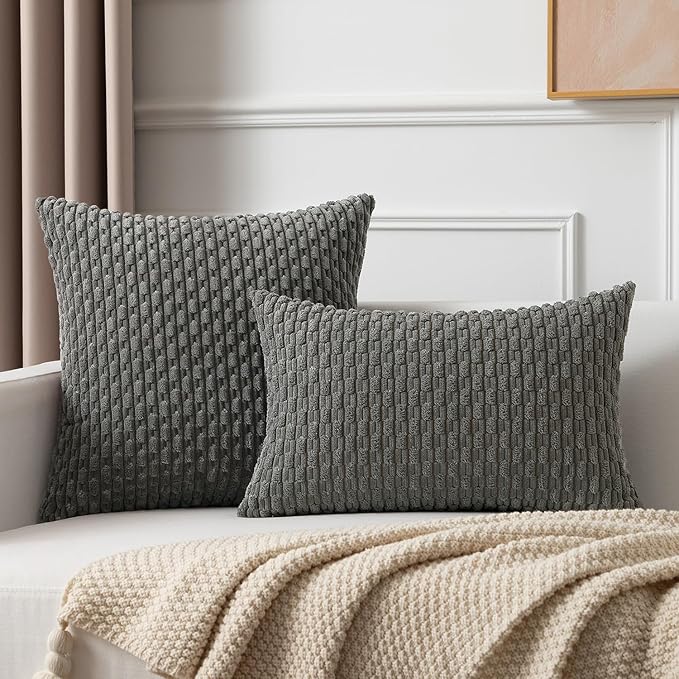 Kevin Textile Euro Sham Pillow Covers 28x28 Inch 2 Packs Soft Boho Striped Corduroy Decorative Throw Pillows for Living Room Couch Bed Sofa Rustic Farmhouse Home Decor 71x71cm Dark Grey