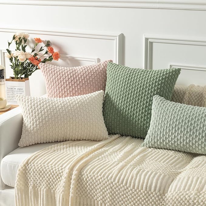 Kevin Textile Set of 2 Pillow Covers Solid Supersoft Corduroy Handmade Decorative Velvet Throw Pillow Cushion Cover for Bed 12x20 Inch Cream