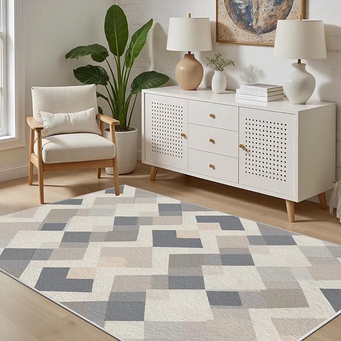 Modern Area Rug Living Room Rugs 6x9, Minimalist Soft Boho Geometric Rug, Non-Slip Washable Low Pile Non Shedding Carpet for Bedroom Office Dining Room Kitchen Nursery, Gray Beige White