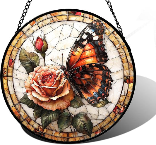 DASTOLL Stained Glass Window Hanging, Butterfly Picking Flowers Suncatcher for Doors Home Sun Catchers Decoration and Christmas, Mother's Day Birthday Gifts for Women, Men, and Mom 9.8 in