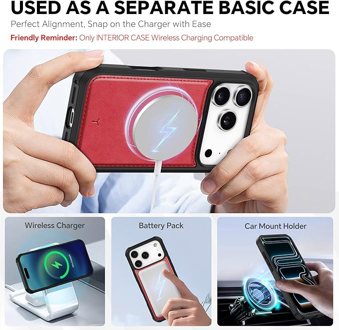 TUCCH Compatible with iPhone 17 Pro (6.3") Detachable Wallet Case with 4 Card Holder, Wireless Charging PU Leather Flip Folio with RFID Blocking Stand Wrist Strap Shockproof Phone Cover 2025, Red