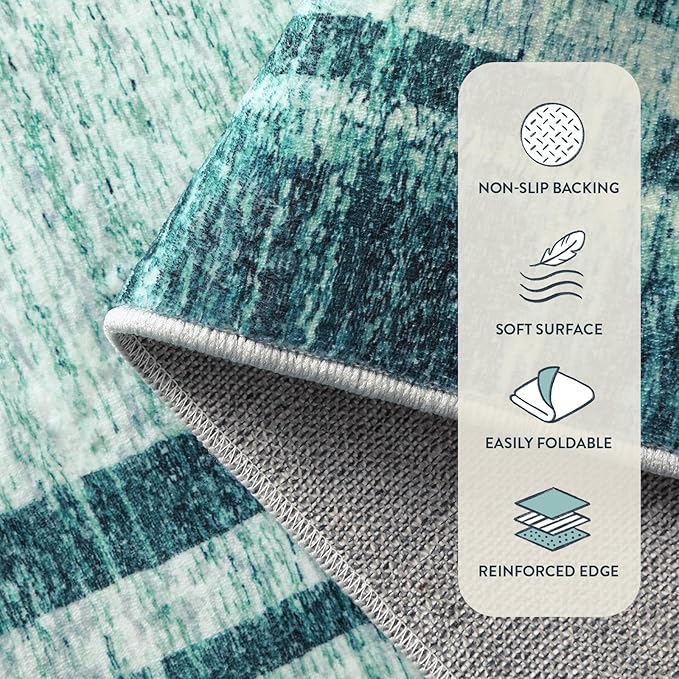 Lahome Abstract Round Rug 6 ft for Living Room, Ultra Thin Washable Soft Circle Bedroom Area Rug, Teal Printed Minimalist Boder Indoor Circular Carpet for Office Dining Room Under Table