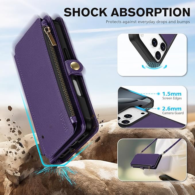 TUCCH Removable Crossbody Wallet Case for iPhone 17 Pro 6.3", RFID Blocking 9 Card Holders, Lanyard, Wrist Strap, Wireless Charging, Stand, Zipper Pocket, PU Leather, Magnetic Flip Cover, Deep Purple