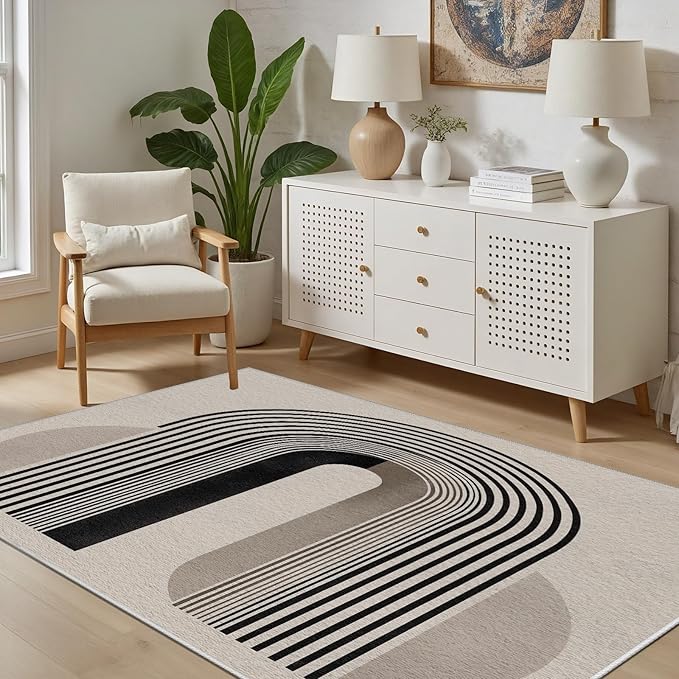 Modern Washable Rug for Living Room 5x7, Boho Abstract Striped Area Rugs, Soft Non Slip Low Pile Farmhouse Carpet for Bedroom Dining Room Kitchen, Stain Resistant, Pet Friendly, Beige Black