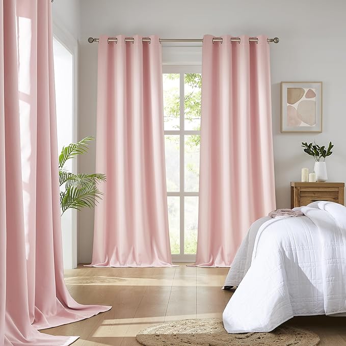 DUALIFE Baby Pink Blackout Curtains 63 Inch Length for Girls Room Heat Blocking Grommet Thermal Insulated Darkening Black Out Curtain for Nursery 52x63 Inches Long