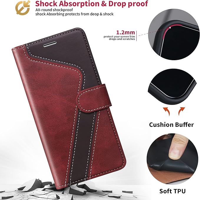 CIVICASE for iPhone 14 Pro Wallet Case,Leather Flip Case [RFID Blocking] Credit Card Holder Folio Magnetic Stand TPU Shockproof Cover Color Matching for iPhone 14 Pro (6.1") Red Brown