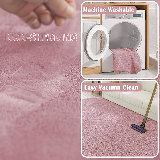 jinchan Solid Plush Round Rug 5ft Performance Shaggy Circle Rug 5' Round Washable Indoor Soft Modern Faux Wool Non Slip Carpet for Living Room Kids Room Bedroom Dining Room Pink