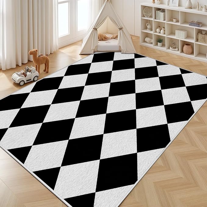 Checkered Rug, Black White Rug, Washable Rugs 3x5, Geometric Rhombus Plaid Area Rugs, Grid Gingham Carpet for Living Room Non Slip Home Decor