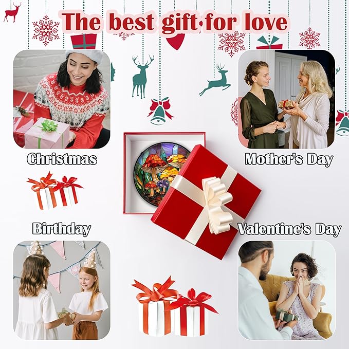DASTOLL Stained Glass Window Hanging, Jungle Mushrooms Sun Catchers Diamond Glass Panel Hangings Plant Suncatcher Decor for Birthday for Women, Men, Wife, Aunt, and Mom 11.8x11.8 in