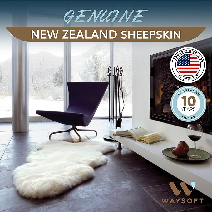 WaySoft New Zealand Sheepskin Area Rug – Genuine Fluffy Wool, Multiple Sizes, Bedroom or Living Room Decor(2ft x 3ft,Wolftip)