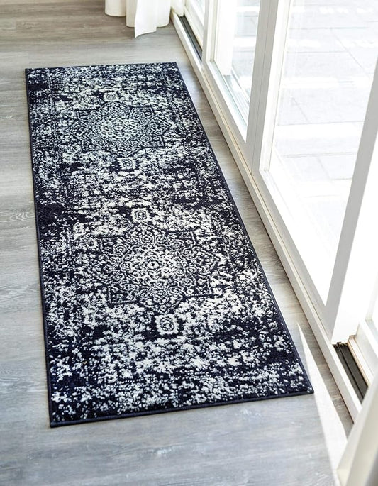 Rugs.com Arlington Collection Rug – 6 Ft Runner Navy Blue Medium-Pile Rug Perfect for Hallways, Entryways