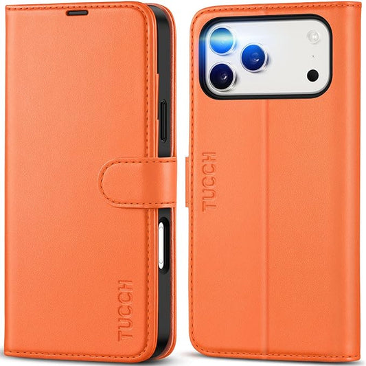 TUCCH Wallet Case for iPhone 17 Pro Max (6.9") 2025, RFID Blocking 4 Card Holders | Kickstand | Shockproof TPU Shell | PU Leather | Magnetic Closure | Protective Flip Folio Cover | Orange