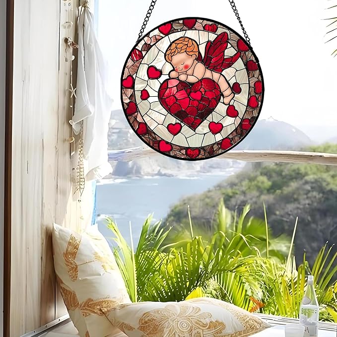 Stained Glass Window Hanging - Red Love Angel Sun Catcher for Door Garden Home Decor Cute Suncatcher Christmas Mother's Day Birthday for Women Men Mom Nana 9.8 in