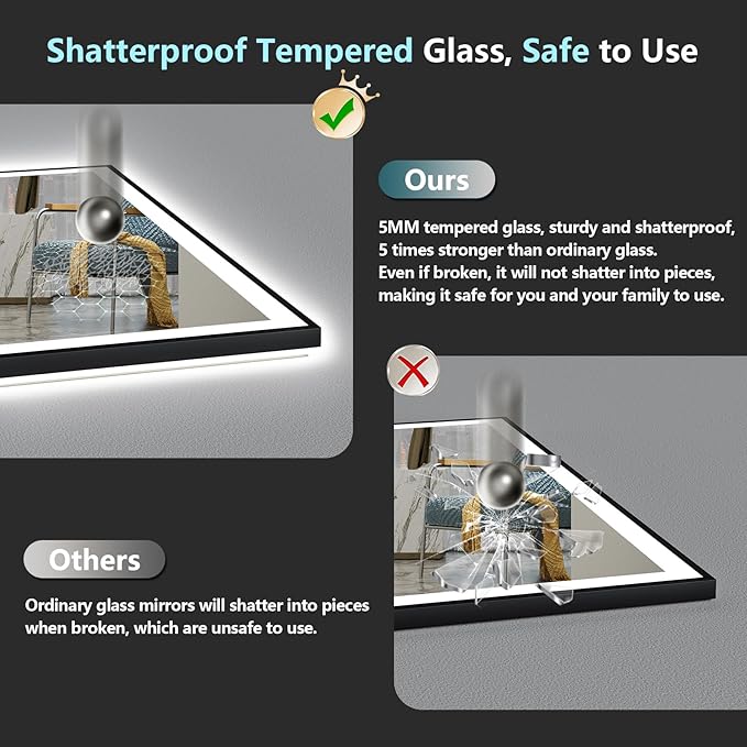 30"x36" Black Framed LED Bathroom Mirror with Lights, Backlit & Front Lit, Anti-Fog Lighted Vanity Mirrors for Bathroom Wall, Dimmable, 3 Colors, Memory, Shatter-Proof, Tempered Glass, CRI＞90