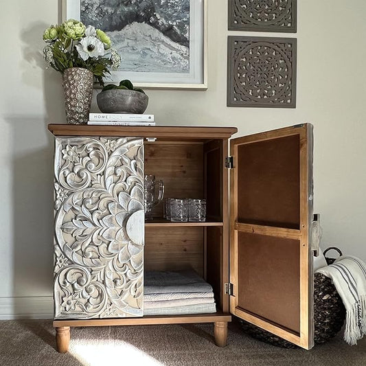 MAISON ARTS Accent Cabinet with 2 Doors and 1 Shelf, Silver Embossed Storage Cabinet with Solid Wood Frame, Holds Up to 245lbs, Elegant Furniture for Living Room or Entryway