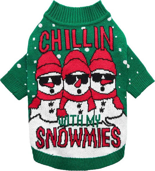 Fitwarm Chillin with My Snowmies Dog Ugly Christmas Sweater, Winter Dog Clothes for Small Dogs Girl Boy, Pet Holiday Sweatshirt, Xmas Snowman Outfit, Green, Red, White, XS