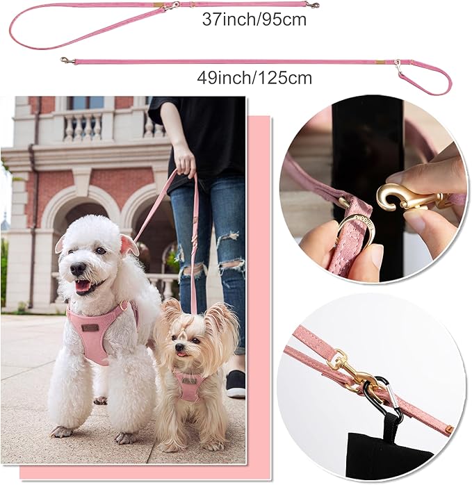 Puppytie No Pull Small Dog Harness with Multifunction Dog Leash, Lightweight Soft Adjustable No Choke Escape Proof Pet Harness Vest, Pink