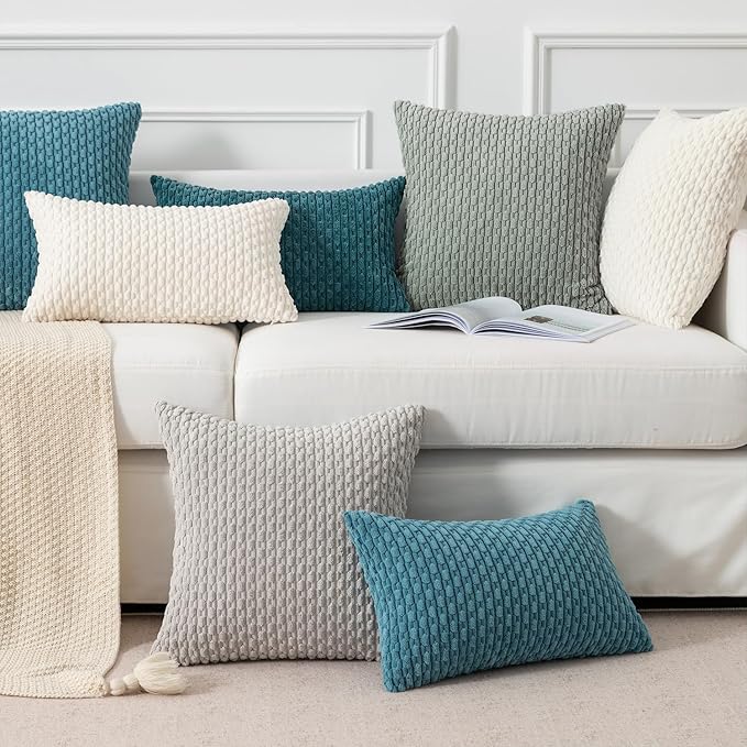 Kevin Textile Throw Pillow Covers Soft Corduroy Decorative Set of 2 Boho Striped Pillow Covers Pillowcases Farmhouse Home Decor for Couch Bed Sofa Living Room 20x20 Inch Greyish Green