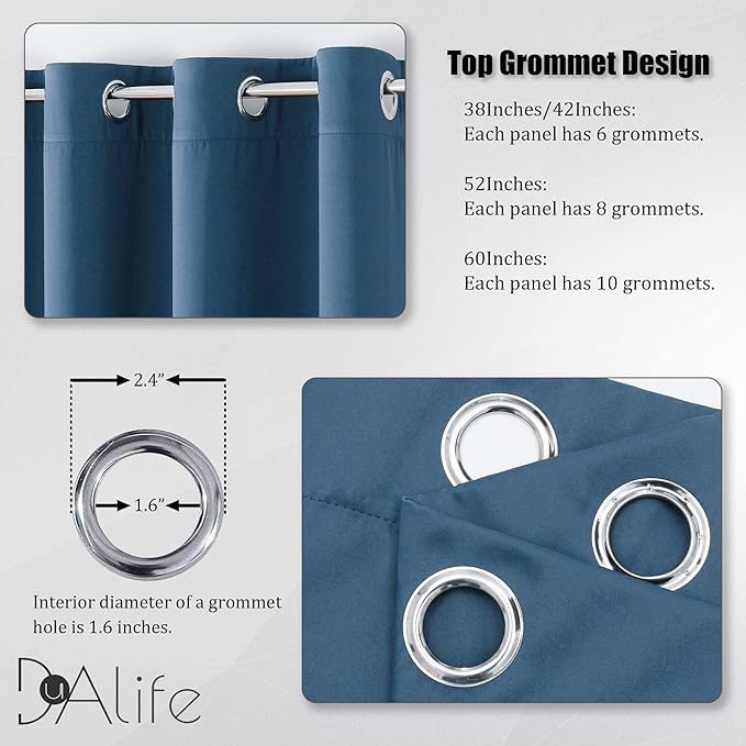 DUALIFE Midnight Blue Curtains 63 Inch Length for Boys Kids Room 2 Panel, Grommet Boho Curtains for Bedroom, Dark Denim Blue, 52 by 63 Inch