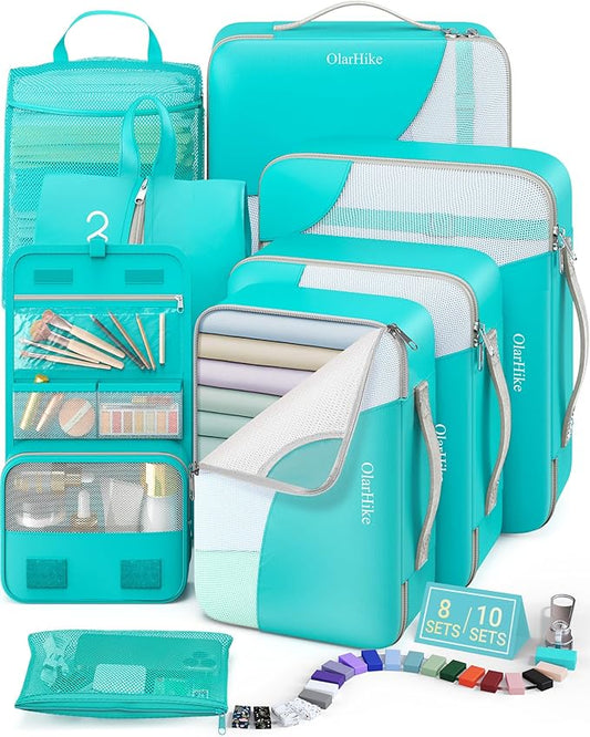 8 Set Packing Cubes for Travel, Anti-Tearing Suitcase Organizer for Luggage with Shoe & Hanging Toiletry Bag,Gifts for Women Mom,OlarHike Vacation Essentials & Accessories for Cruise Ship,Turquoise