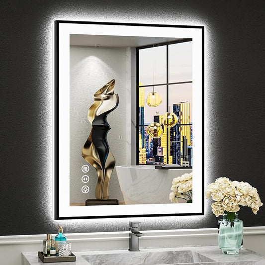 24x30 Black Framed LED Bathroom Mirror with Lights, Backlit + Front Lit, Anti-Fog Lighted Vanity Mirror for Bathroom Wall with 3 Colors, Dimmable, Memory, Tempered Glass, Horizontal/Vertical