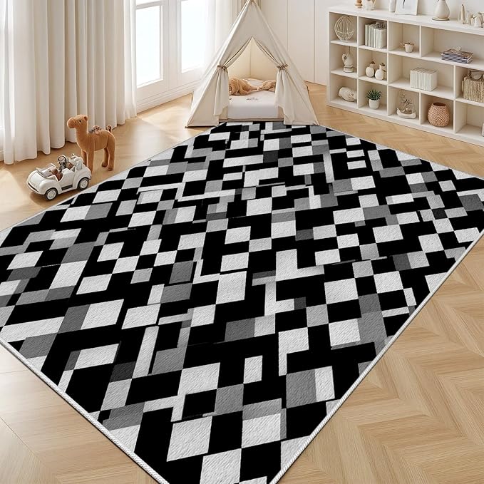 Black White and Grey Rug - Geometric Area Rug, Area Rugs 5x8, Modern Abstract Rugs, Irregular Block Splicing Carpet Washable Non Slip Home Decor Carpet for Living Room