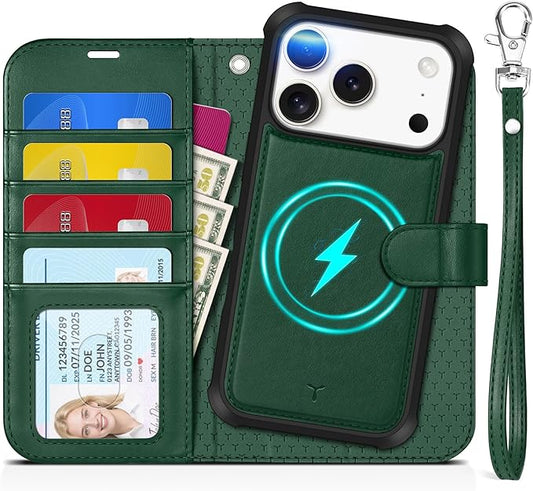TUCCH Compatible with iPhone 17 Pro (6.3") Detachable Wallet Case with 4 Card Holder, Wireless Charging PU Leather Flip Folio with RFID Blocking Stand Wrist Strap Shockproof Phone Cover, Evergreen