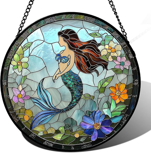 Stained Glass Window Hanging - Light Blue Mermaid Suncatcher for Door Terrace Garden Home Decor, Ocean Flowers Sun Catcher Birthday Gifts for Lovers Women Men Dad Mom Nana 7.8 in