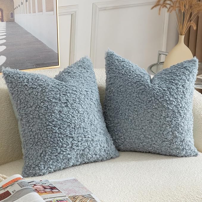 Yaertun Pack of 2 Faux Fur Throw Pillow Covers Decorative Sherpa Boucle Pillow Covers Fuzzy Soft Pillowcases Sheepskin Fleece Cushion Case for Couch Sofa Bed Living Room 22x22 Inch Light Blue
